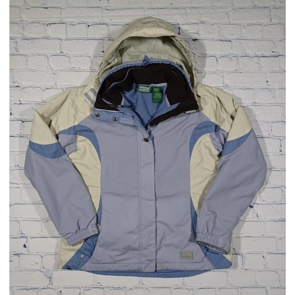LL Bean Womens S Nylon Blue Cream 3 in 1 Hooded‎ Jacket Parka Removable Liner - Picture 1 of 7